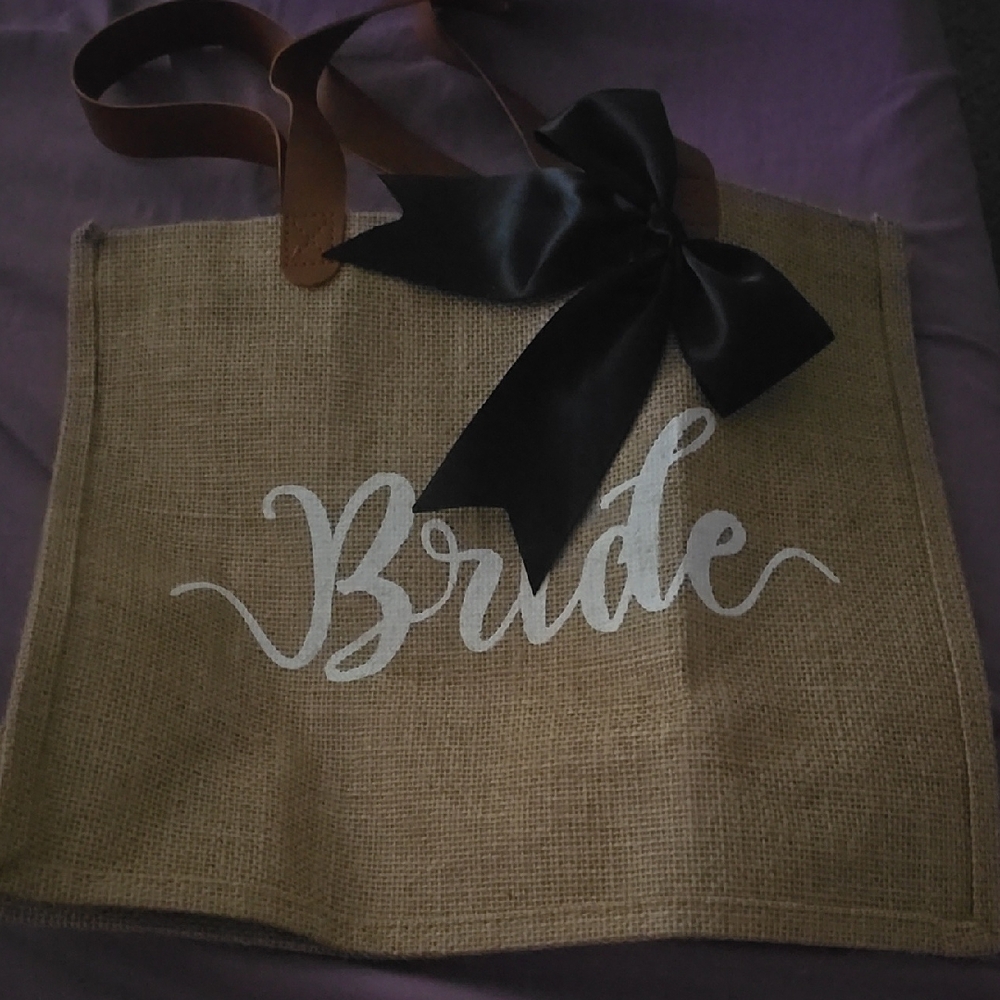 Bride Jute Tote Bag with Black Bow